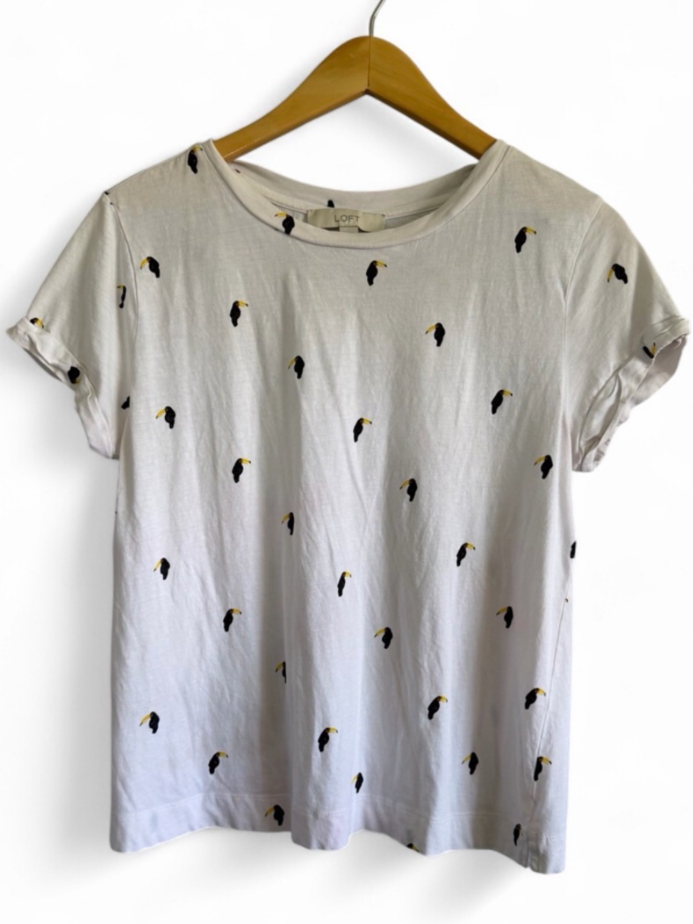 LOFT Toucan Bird Short Sleeve Cotton Tee T-Shirt Cuffed S Tropical Whimsical